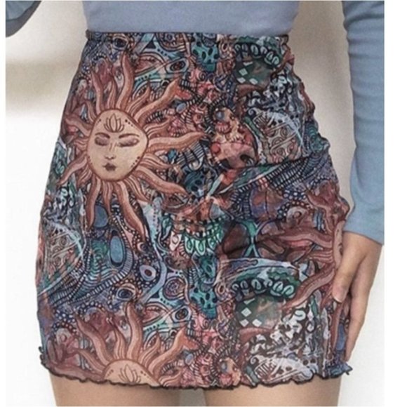 Sun with lotus flower print Y2K skirt with lettuce hem woman's size medium - Picture 1 of 8